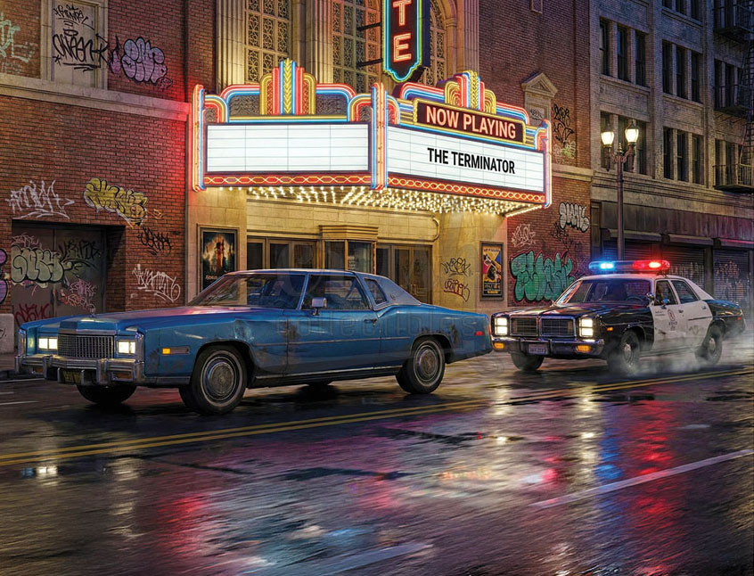 Cinematic Autos Print Series: 1977 Cadillac Eldorado and Dodge Monaco Police Car from The Terminator Variant A