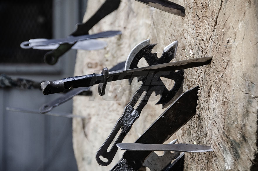Tomahawks, Machetes and Knives Target of Tree Trunks Martial Arts Training