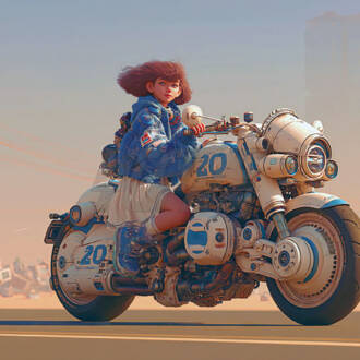 Cinematic Autos Print Series: Young Girl Riding Futuristic Motorbike Art Print