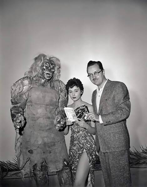 Voodoo Woman publicity photo with Paul Blaisdell as the monster, Marla English, and sci-fi writer Forrest J Ackerman, founder of Famous Monsters of Filmland Magazine